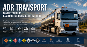 ADR-Transport-Lkw mit Gefahrgut auf einer europäischen Autobahn mit orangefarbenen Warntafeln und Sicherheitskennzeichnungen