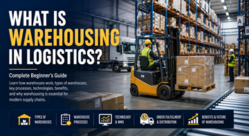 Modernes Logistiklager mit Regalen, Gabelstaplern, Paletten und Mitarbeitenden, die Bestände in Europa verwalten